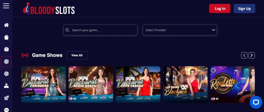 Skjermbilde av Bloody Slots-nettstedet som viser spillshow, inkludert Baccarat Caribbean, Baccarat Miami Beach, Baccarat Copa Cabana, Las Vegas Blackjack og Roulette Las Vegas.
