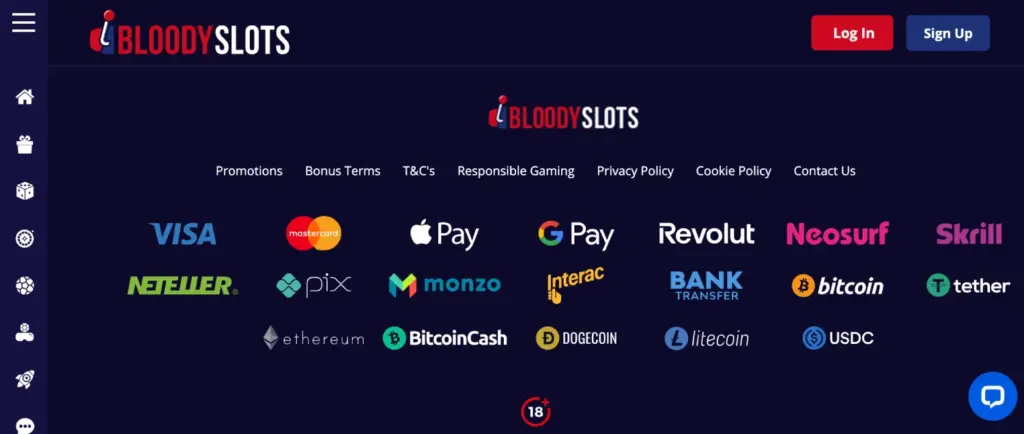 Skjermbilde av Bloody Slots-nettstedet som viser betalingsalternativer, inkludert Visa, MasterCard, Apple Pay, GPay, Revolut, Neosurf, Skrill, Bitcoin, Ethereum, og flere.