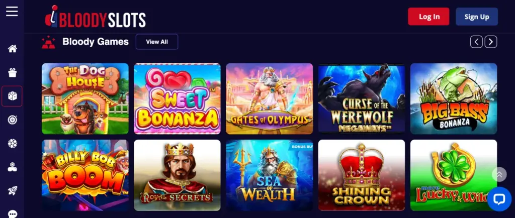 Skjermbilde av Bloody Slots-nettstedet som viser forskjellige spilltitler, inkludert The Dog House, Sweet Bonanza, Gates of Olympus, Curse of the Werewolf Megaways, Big Bass Bonanza, Billy Bob Boom, Royal Secrets, Sea of Wealth, Shining Crown, og More Lucky & Wild.
