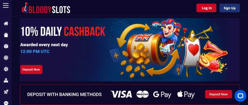 Skjermbilde av Bloody Slots-nettstedet med en kampanje for 10 % daglig cashback, som blir tildelt hver dag kl. 12:00 UTC. Betalingsmetoder som Visa, MasterCard, G Pay og Apple Pay vises også.