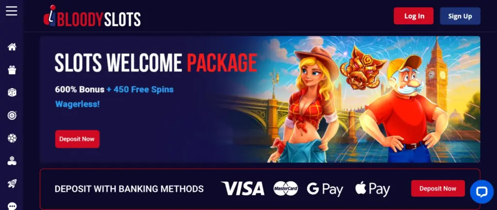 Skjermbilde av Bloody Slots-nettstedet med velkomstpakke for spillere, som tilbyr 600 % bonus og 450 gratisspinn uten omsetningskrav. Betalingsmetoder som Visa, MasterCard, G Pay og Apple Pay vises også.