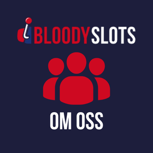 Ikon med tre røde personer og teksten 'Om oss' på mørkeblå bakgrunn, BloodySlots-logoen over
