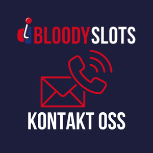 Rødt ikon med konvolutt og telefonrør, teksten 'Kontakt oss' på mørkeblå bakgrunn, BloodySlots-logoen over