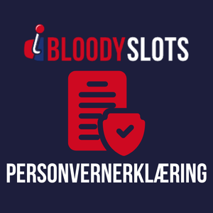 Rødt ikon med dokument og skjold, teksten 'Personvernerklæring' på mørkeblå bakgrunn, BloodySlots-logoen over