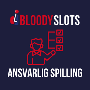 Rødt ikon med person og sjekklister, teksten 'Ansvarlig spilling' på mørkeblå bakgrunn, BloodySlots-logoen over